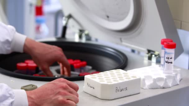 Scientist placing test tubes in centrifuge — Stock Video