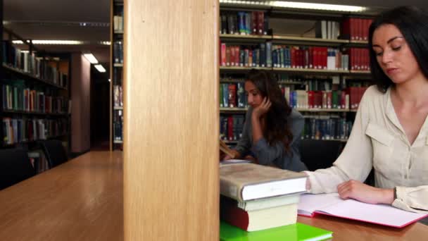 Estudantes trabalhando com um olhando para a câmera — Vídeo de Stock