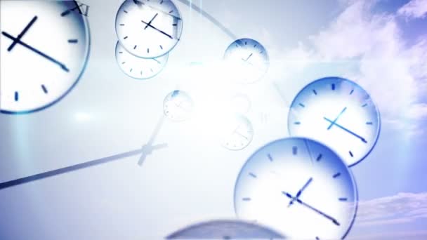Concept de passage du temps avec de nombreuses horloges — Video