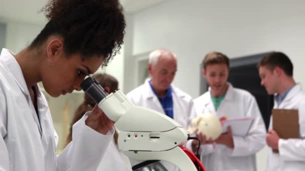 Студент-медик смотрит в микроскоп — стоковое видео