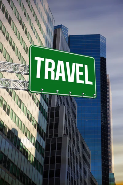 Travel against low angle view of skyscrapers — Stock Photo, Image