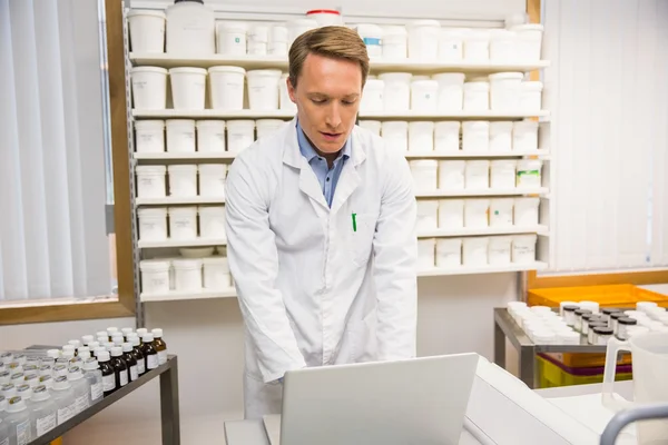 Focused pharmacist using his laptop — Stock Photo, Image