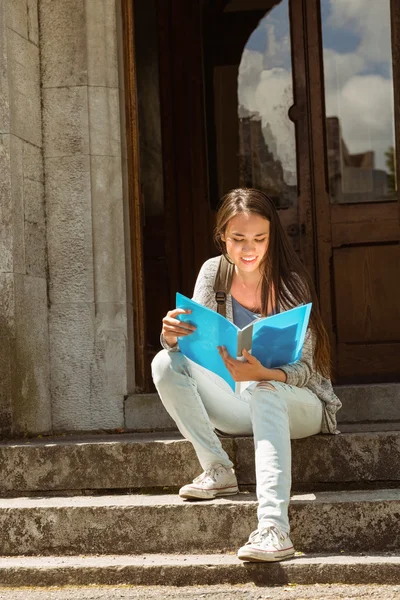 Smiling student sitting and reading book — Stock Photo, Image