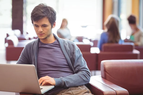 Estudiante joven enfocado estudiando en el sofá — Foto de Stock