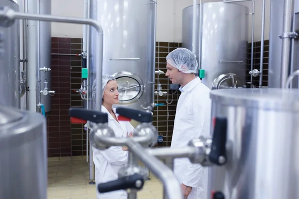 Biologist team talking and wearing hairnet — Stock Photo, Image