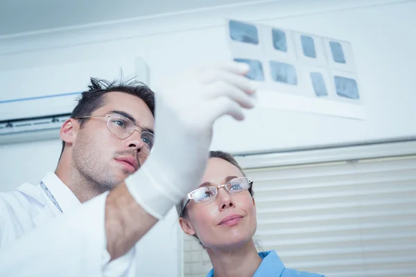 Dentists looking at x-ray — Stock Photo, Image