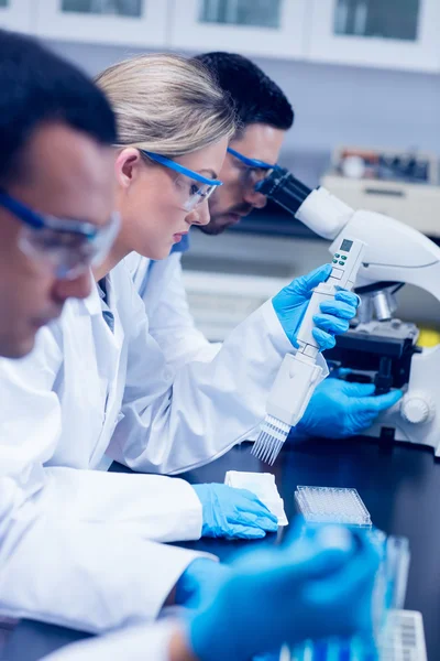 Estudiantes de ciencias trabajando juntos en el laboratorio — Foto de Stock