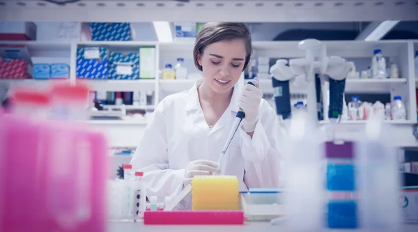 Pretty science student using pipette — Stock Photo, Image