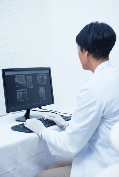 Zubař v počítači při pohledu na x-ray — Stock fotografie