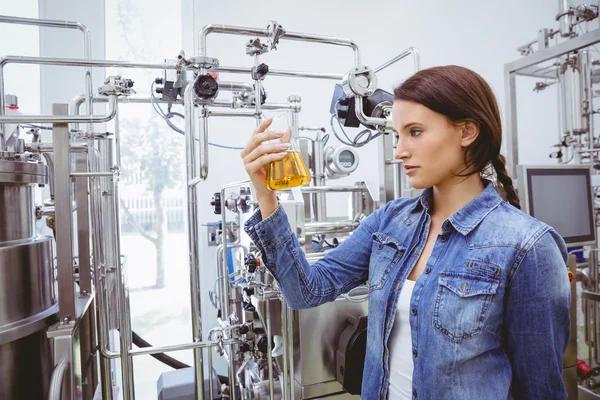 Bruna elegante in giacca di jeans guardando becher di birra — Foto Stock