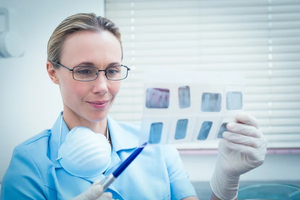 Dentista feminina olhando para raio-x — Fotografia de Stock