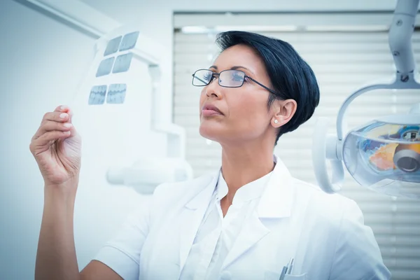 Female dentist looking at x-ray — Stock Photo, Image