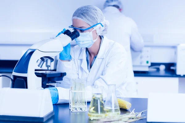 Cientista alimentar usando o microscópio — Fotografia de Stock