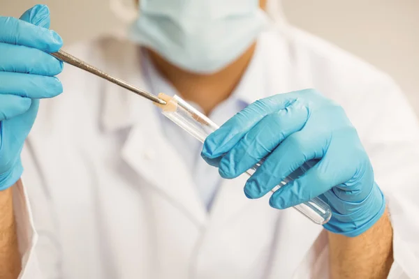 Científico alimentario poniendo pollo crudo en tubo de ensayo — Foto de Stock