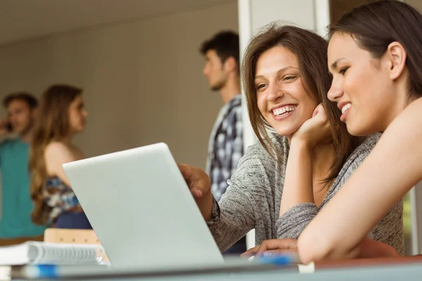 Χαμόγελο φίλοι κάθονται χρησιμοποιώντας φορητό υπολογιστή — Φωτογραφία Αρχείου