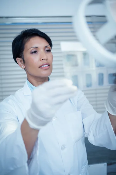 Female dentist looking at x-ray — Stock Photo, Image