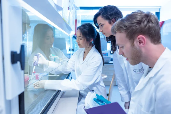 Estudantes de ciências usando pipeta no laboratório — Fotografia de Stock