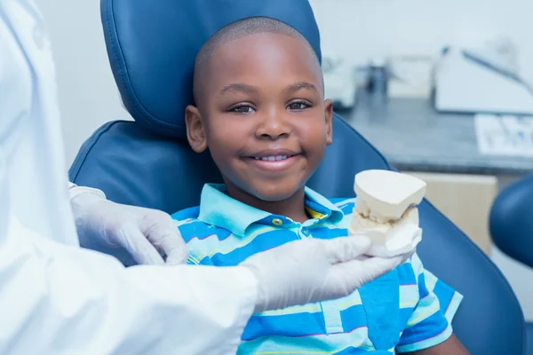 トリミングの歯科医が少年に人工の歯を見せて — ストック写真