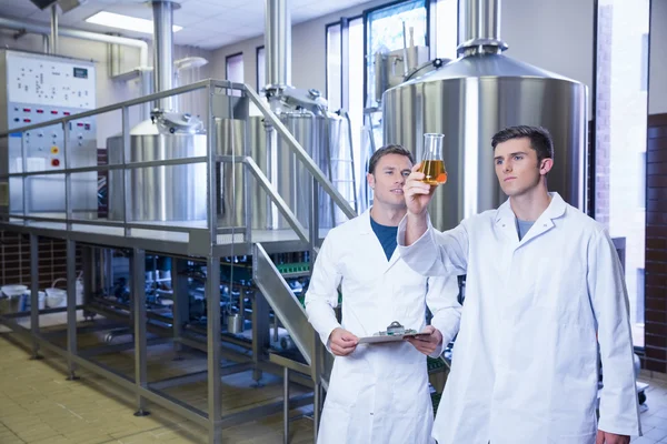 Deux hommes en blouse de laboratoire regardant le bécher avec de la bière — Photo