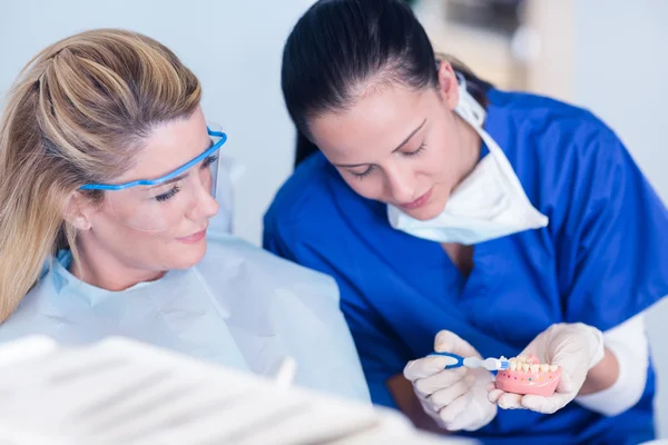 Dentist showing patient model of teeth — Stock Photo, Image