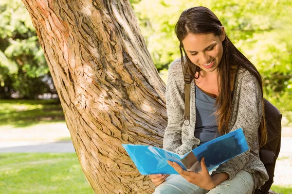 Glimlachend student zitten in de trunk en lezen van boek — Stockfoto