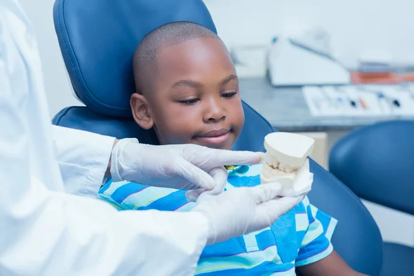 Dentista ritagliato mostrando denti protesi ragazzo — Foto Stock