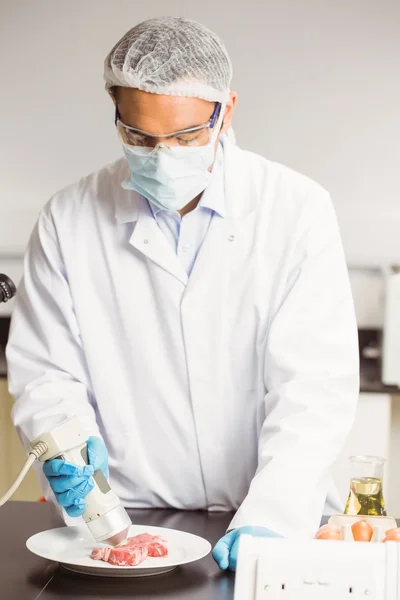 Cientista de alimentos usando dispositivo na carne — Fotografia de Stock