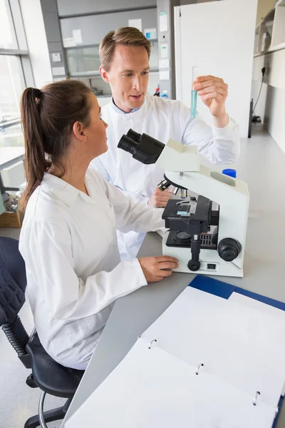 Young scientists working together with test tube — Stock Photo, Image