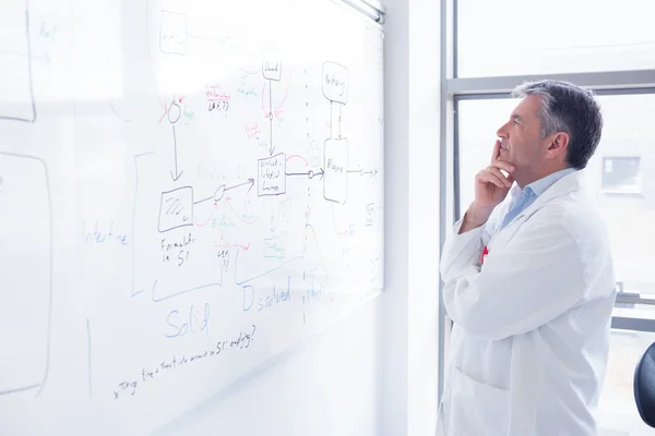 Focused scientist looking equation on whiteboard — Stock Photo, Image