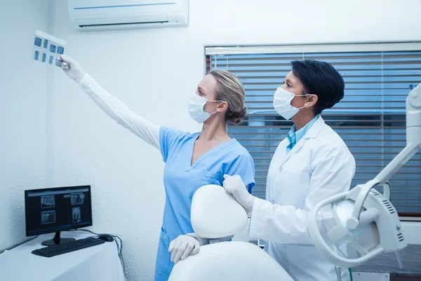 Concentrated dentists looking at x-ray — Stock Photo, Image