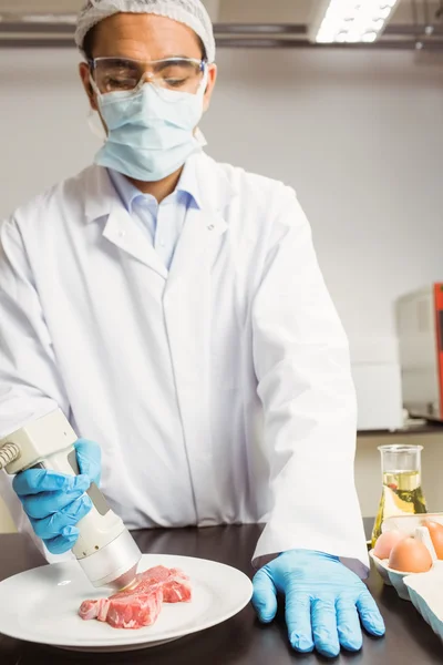 Cientista de alimentos usando dispositivo na carne — Fotografia de Stock