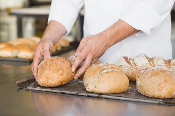 Baker checking freshly baked bread — Stock Photo, Image