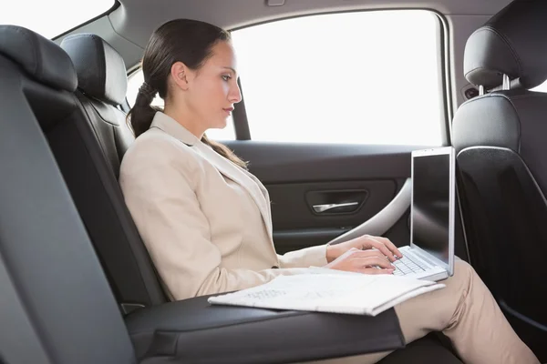 Konzentrierte Geschäftsfrau arbeitet auf dem Rücksitz — Stockfoto