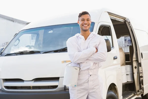 Painter smiling leaning against his van — Stock Photo, Image