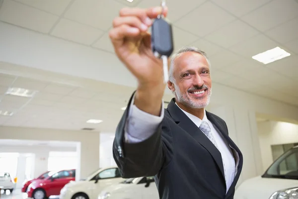 Arabanın anahtarlarını sunarken ayakta satıcısı — Stok fotoğraf
