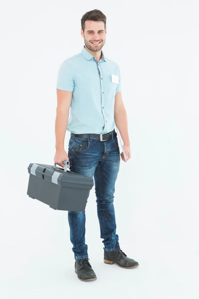 自信的男技师携带工具箱 — 图库照片