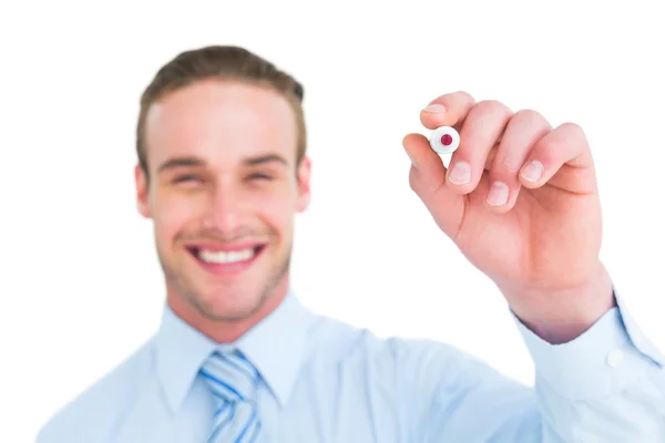 Happy businessman in shirt writing with marker — Stock Photo, Image