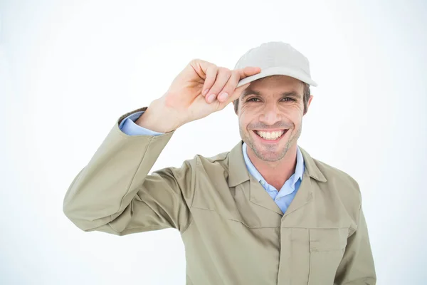 Homem de entrega feliz segurando cap — Fotografia de Stock