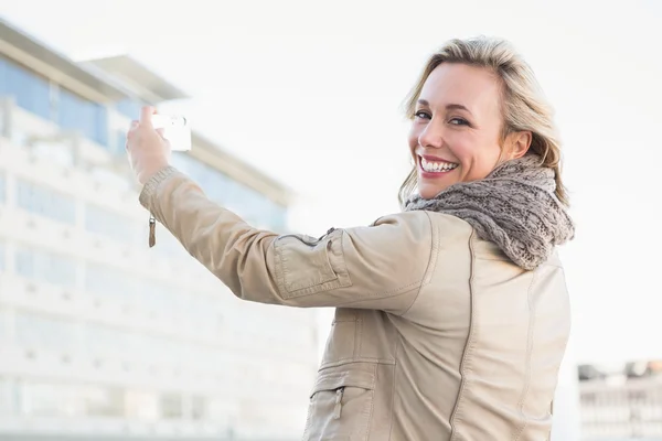 Cheerful blonde with mobile phone — Stock Photo, Image