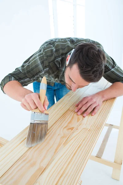 Carpenter using brush on wooden plank — Stock Photo, Image