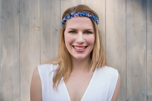 Hipster blonde against wooden planks — Stock Photo, Image