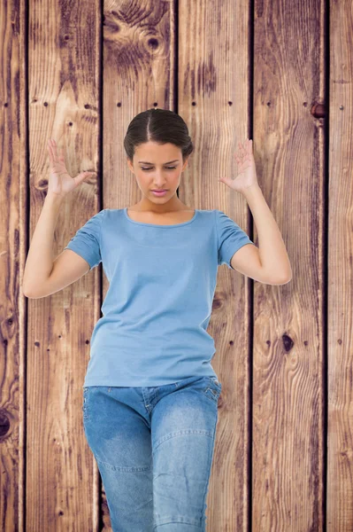 Annoyed brunette gesturing — Stock Photo, Image