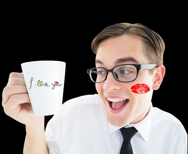 Homme d'affaires geek tenant une tasse — Photo