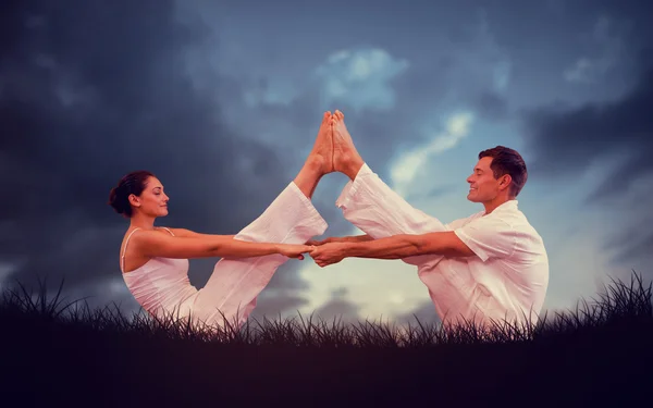 Couple sitting in boat position together — Stock Photo, Image