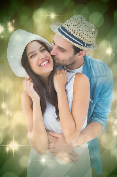 Hipster couple hugging and smiling — Stock Photo, Image