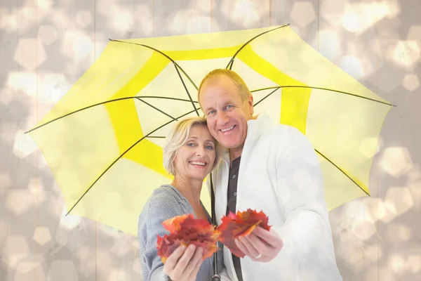 Pareja madura mostrando hojas de otoño — Foto de Stock