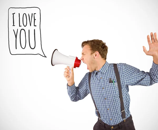 Geeky hipster shouting through megaphone — Stock Photo, Image