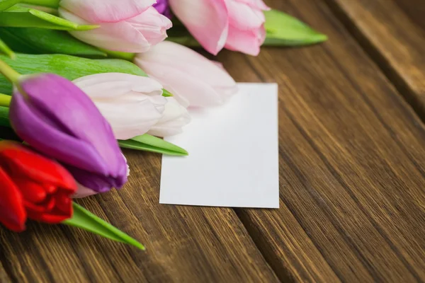 Bunch of tulips and white card — Stock Photo, Image