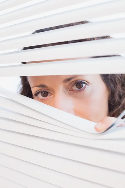 Curious woman looking through blinds — Stock Photo, Image