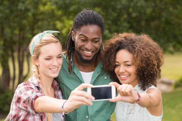 Amigos felices en el parque tomando selfie — Foto de Stock